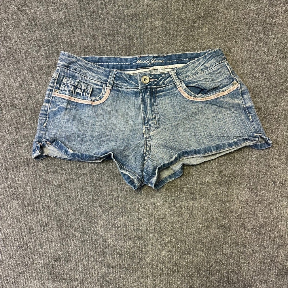 Mudd Denim Shorts Womens Size 11 Blue Low Rise Pink Embroidered Trim Y2K Boho